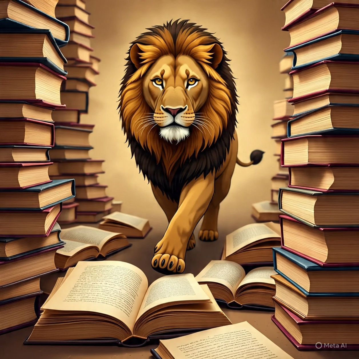 Lion Walking Across Stack of Books